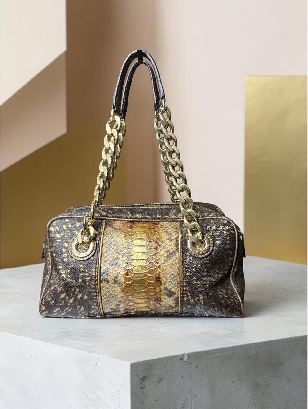 Michael Kors Vintage Grayson Satchel - Monogram & Snake Panel